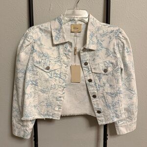 NEW! NWT ELIE TAHARI Antique Floral Printed Raw Hem Denim Jacket Size Large